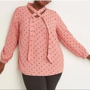Lane Bryant Chic Pink Polka Dot Blouse with Bow Tie Details EUC 14/16
